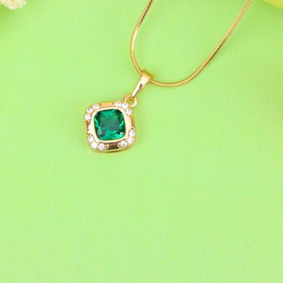 "Green Cushion Stone Pendant in Gold Plated Brass with Crystal Halo, XPPT1768 - Picture 3 of 14